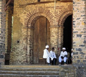 Gondar church Priests passing the time at the Debre Birhan Selassie Church, Gondar.