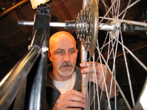 Working on bike wheel