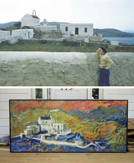 “Bebe” Herring, on the Platy Yialos road, with Aghios Iakovos in the background; and, “Aghios Iakovos,” by Luis Orozco, 1961, one of my father’s first purchases, and the canvas Luis painted to woo Lilly Kristensen.