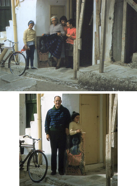 The author, at ten, with Vienoula, and young Mykonian weavers, outside her shop in Hora; F. Jack Herring, the author’s father, wearing a pullover woven by Vienoula (in a palette designed by Luis Orozco) and the author, holding the shop sign just painted by Orozco.