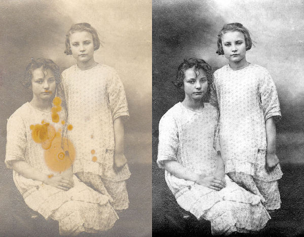 Photo of Anna and Germaine Sierens, ca. 1924, before and after restoration.