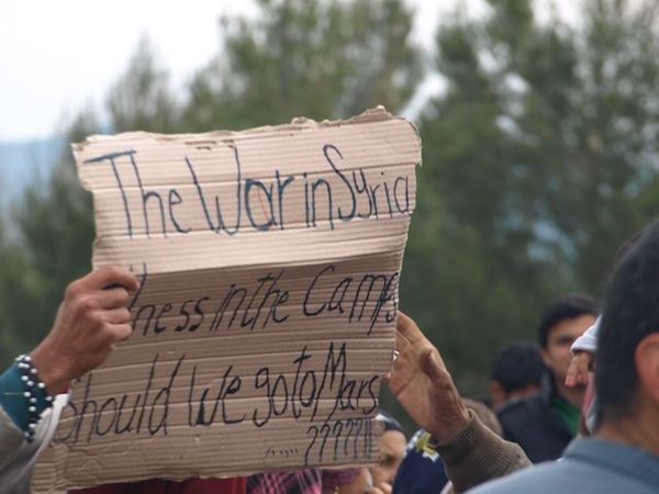 Protest sign, Idomeni refugee camp, northern Greece