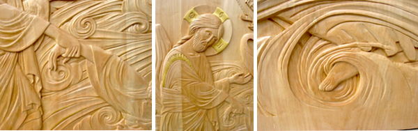 “Christ Pulls St-Peter from the Waters,” Linden and gilding, Carved by Jonathan Pageau.