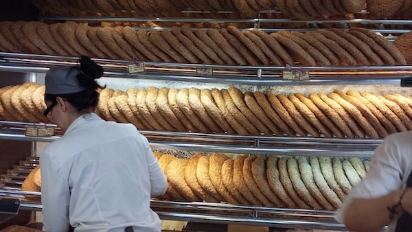 Racks of lagana at the local bakery.