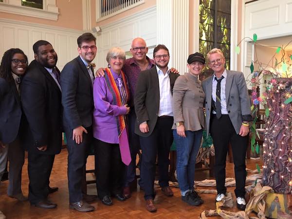 The Rev. Robin White (far right) with (from left) The Revs. Annanda Barclay, Phillip Morgan, Joey Lopez, Jane A. Spahr, Patrick Evans, Alex McNeill and Shawna Bowman, at Rev. McNeill’s ordination in Asheville NC.