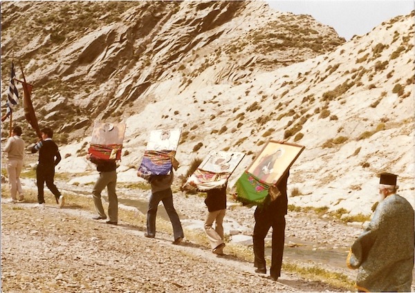 Village priest with local men carrying icons from the Church of the Panagia, Olympos, Karpathos, 1988.