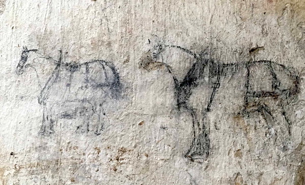 Clydesdale horses, charcoal on whitewash, m.20C, Inverharroch (©The Cabrach Trust, by permission)