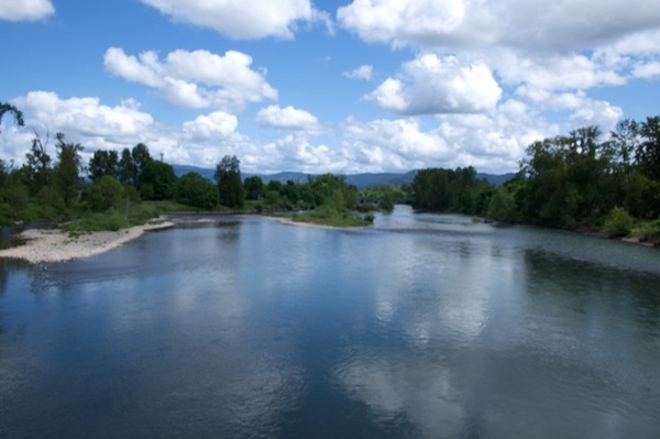 Willamette River and Coburg Hills from the Owosso Bridge, Eugene, OR.