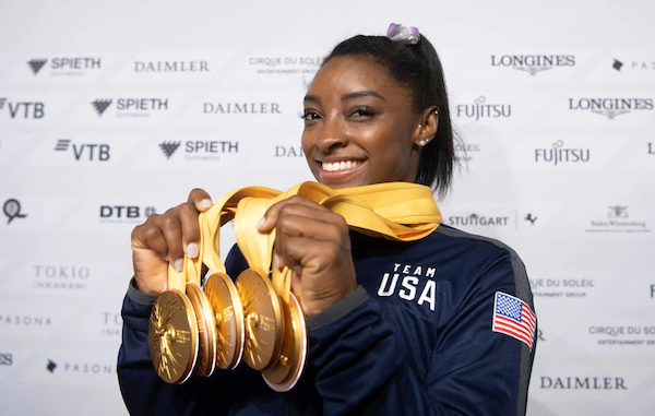 Simone Biles with her World Championship medals. (New York Times Photo.)