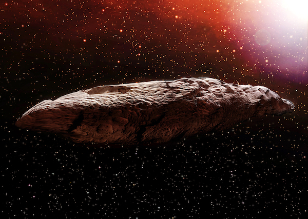 A 3D illustration of the interstellar object known as 'Oumuamua.