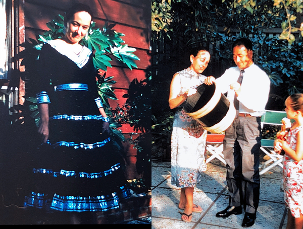 My mother in a dramatic Mexican skirt and blouse; and with Dr. Man Choon Kong, one of my father’s Social Work graduate students at USC.