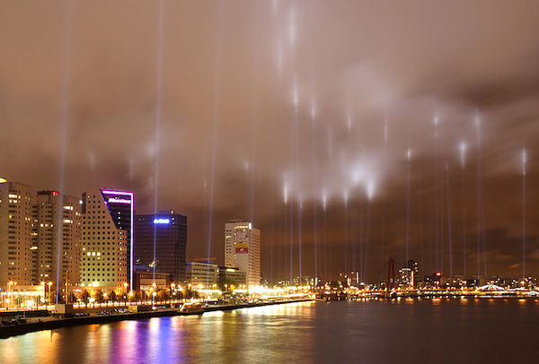 14 May 2007: Lights along the fire line memorialize the bombing of Rotterdam.