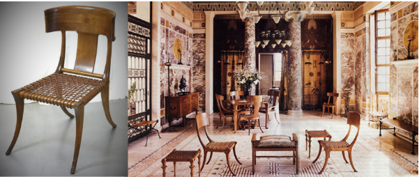 L: Vintage T. H. Robsjohn-Gibbings Klismos chair by Saridis S.A., Athens, Greece. R: Saridis furnishings at Villa Kerylos, Beaulieu-sur-Mer.