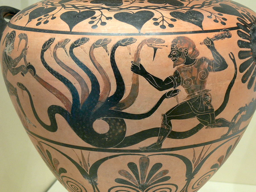 Lernean Hydra on Etruscan, black-figure hydria, by the Eagle Painter, c. 525 BC; the Getty Villa. (Image: Wikimedia Commons.)