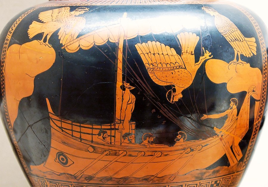 Odysseus & Sirens; Attic, red-figured stamnos, c. 480-470 BC, from Vulci; British Museum.  (Image: Wikimedia Commons.)