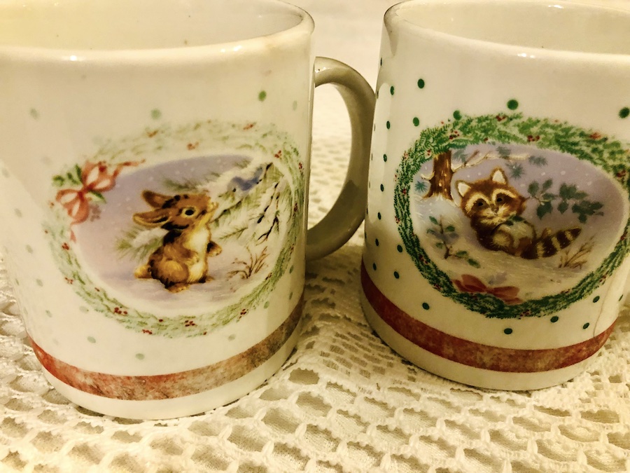 The author’s favorite Christmas mugs, purchased at Woolworth’s in the early 1960s.