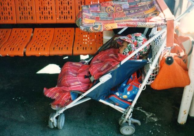 Amarandi, traffic-proofed in her stroller.