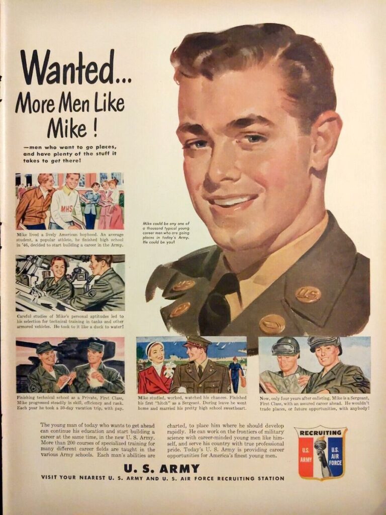 Vintage US Army print recruitment ad.