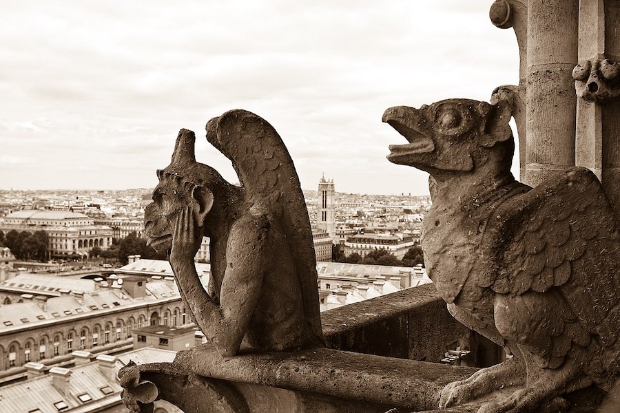 Gargoyles, Notre-Dame, Paris. (Image by Sharon Mollerus via Wikimedia Commons.)