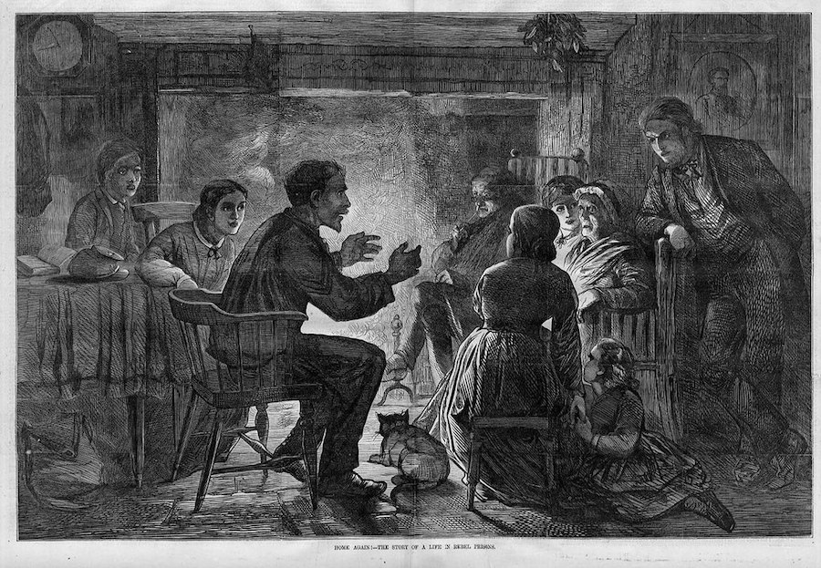 “Home Again” The story of a life in Rebel prison. Illustration for Harper's Weekly, February 25, 1865. (Image via Wikimedia Commons.)