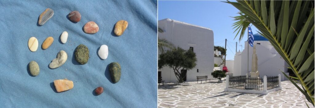 Pebbles from Aghios Georgios Beach (L) and Town Square, Kastro (R).