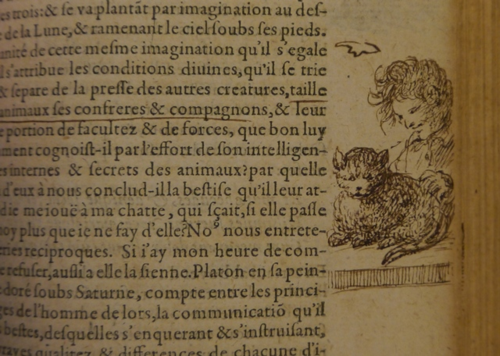 Marginal picture of a man with a cat, drawn by Pieter van Veen in his copy of Montaigne’s Essais (Paris, 1602) (Photo: British Library.)