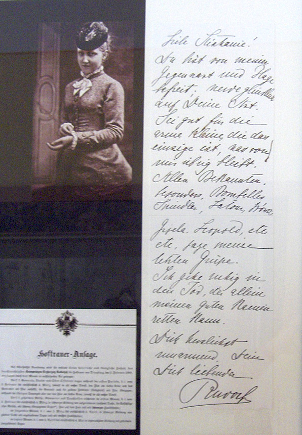 Final letter of Crown Prince Rudolph; photo of Princess Stephanie. (Source: G. Jansoone/Wikimedia Commons.)