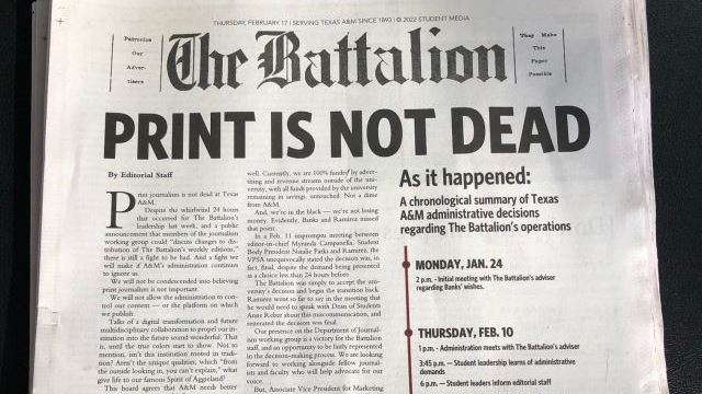 Front page of “The Battalion,” February 17, 2022. (Photo: Bill Oliver.) 