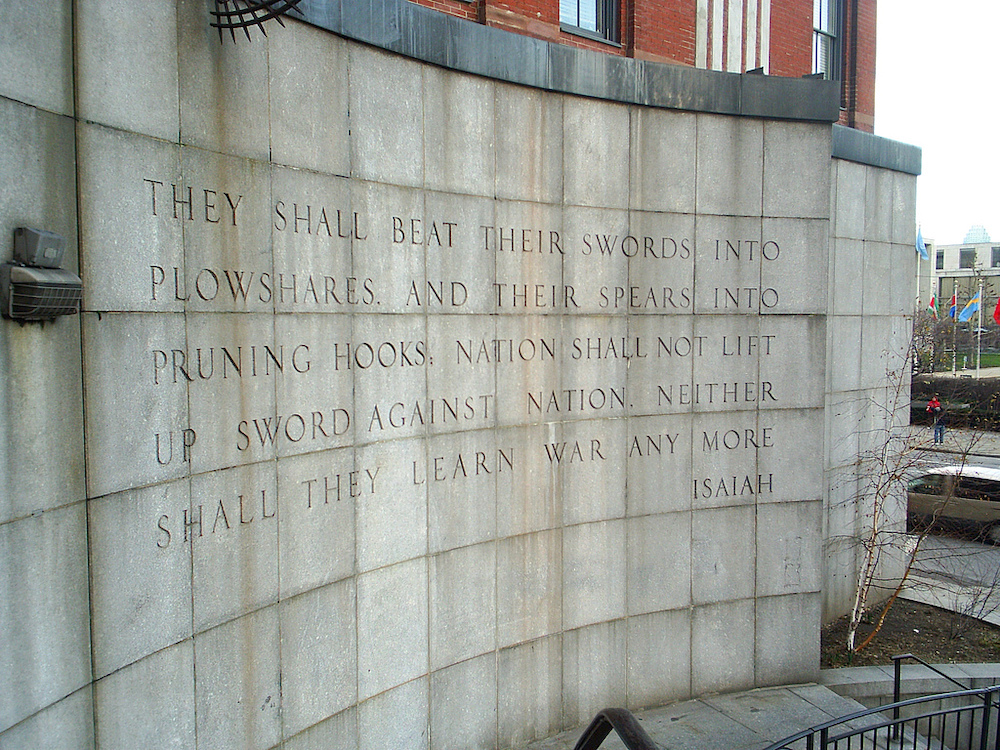 Bible verse from Isaiah, across the street from the United Nations Building in New York City. (Photo: Capt. Phoebus/Wikimedia Commons.)