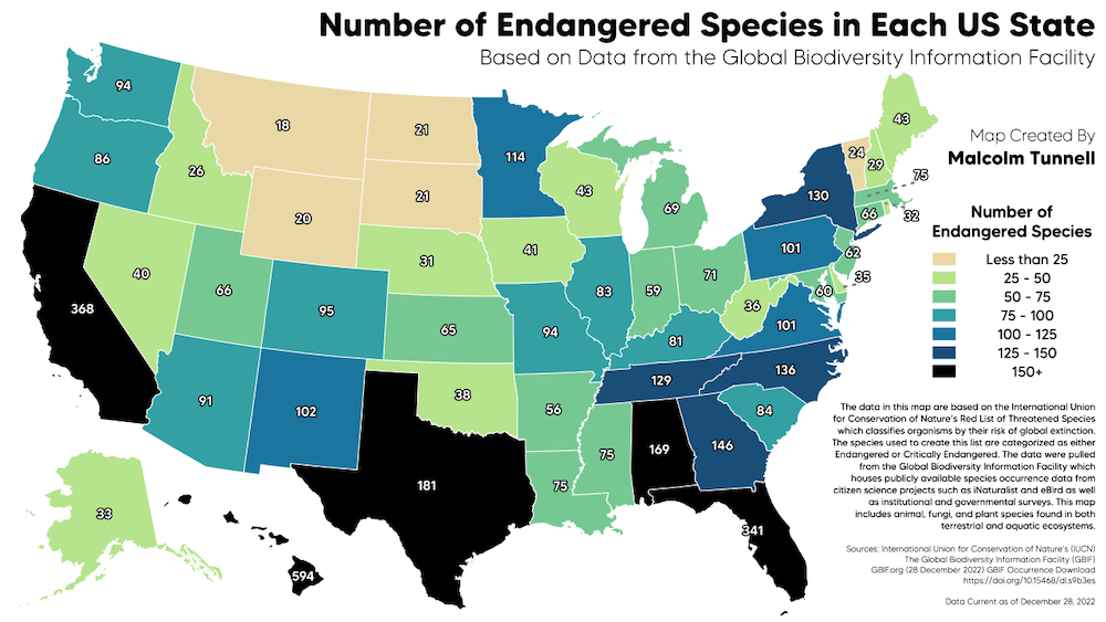 Number of Endangered Species by State. (Image: u/malxredleader/Malcolm Tunnell.)