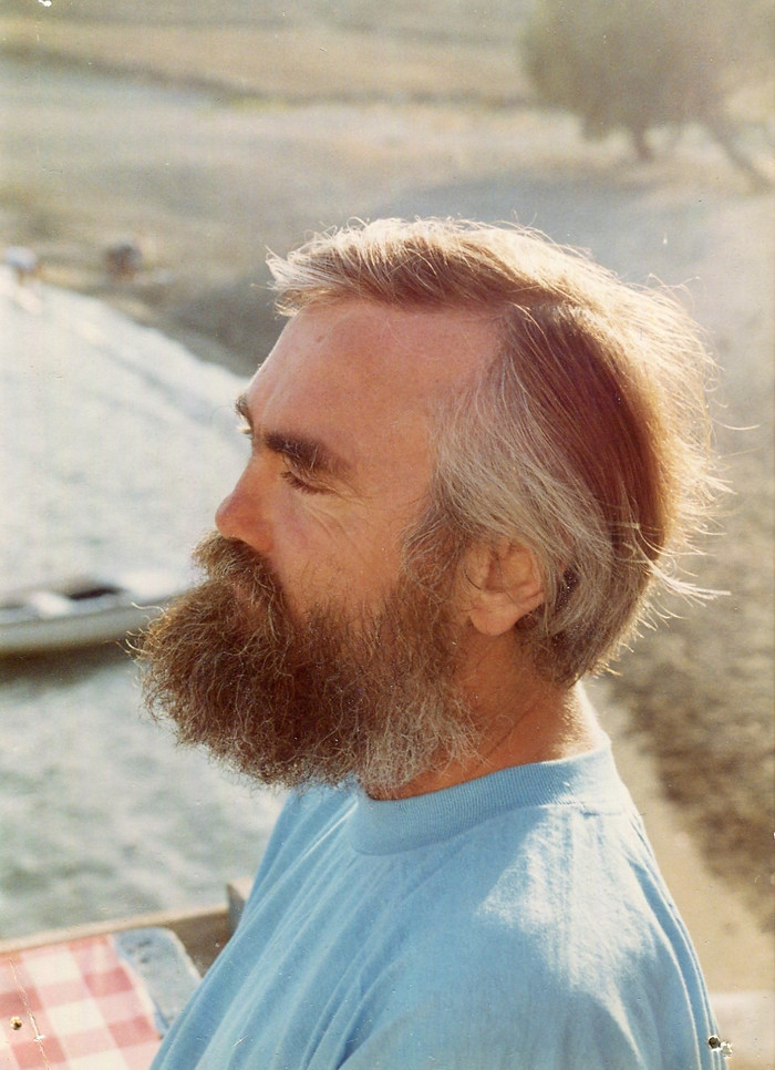 The author on the porch of the Cyclops Cave, Naoussa Bay, Kythnos.