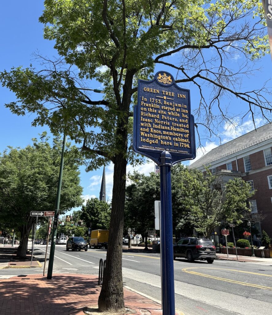 A sign across from Denim Coffee in Carlisle, PA marks Ben Franklin’s 1753 sojourn.