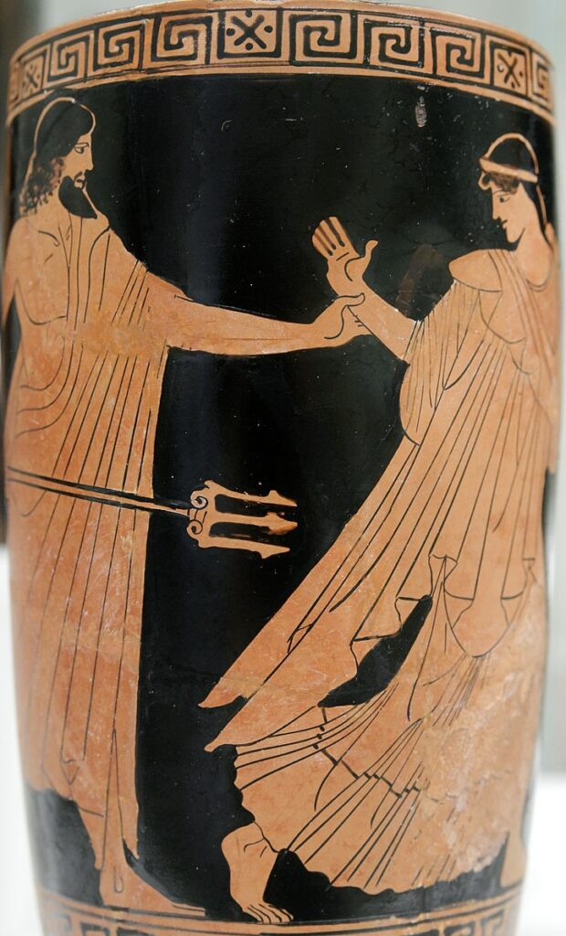 Poseidon pursuing a woman. Side A of an Attic red-figure lekythos. (Photo: Wikimedia Commons/ Marie-Lan Nguyen (2011).)