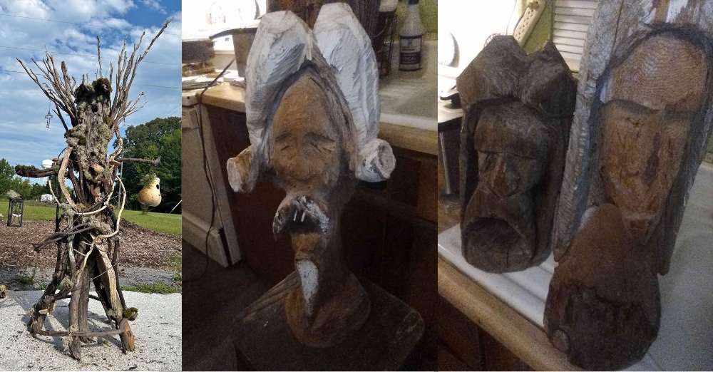 (Left) Custom made, one of a kind birdhouse. VERY LARGE, UNIQUE ART PIECE, $100, Belton SC, Used/like new, Brown, Wood, Birdhouse is about 7 feet tall, delivery possible for an extra charge. (Center & Right) Wood carved head $100-$250, Easley SC, Door pickup or drop-off, Used/Fair, Have two wood carving heads I have had them a for a while tired of looking at them.