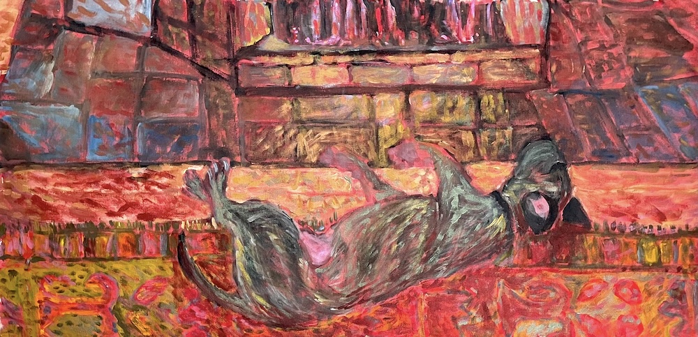 “Woo by the Fire,” acrylic on canvas, 2021, by Elizabeth Snelling.