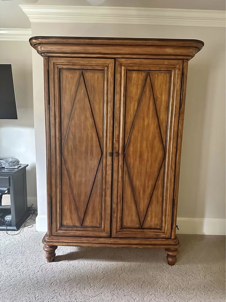 Antique Giant Wooden Amoir Tall Thick, $500$600, Listed 4 weeks ago in Alpharetta, GA, Doors don’t squeak, looks completely brand new outside, but wear and tear inside. Very big and tall and sturdy, will last DECADES. I am 5’4” for reference. My family is descendants of snail folk so we can’t help move this, it’s heavy af. Local pickup only sorry!! <3 $300 Or best offer (OBO) I’m flexible. Human not included?? (Also flexible on that) ((((If you are a serial killer you can probably store a good 3 or so bodies I would guess.)))) Dimensions: 83X50X23. The legs can come off and they are 9”.