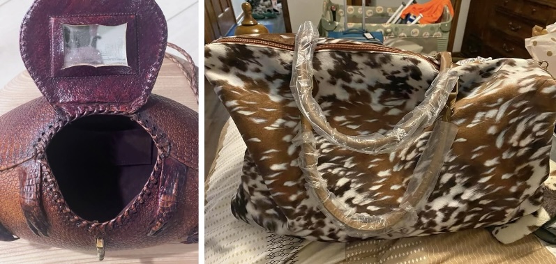 (L)1940s Western Theme Taxidermy Armadillo Purse Handbag, $165, Ships for free, Condition: Used/Good; Collectors piece: real armadillo bag from the 1940s. Made in the USA. Really cool history: Armadillo purses were made as early as the late 1800s, with more popularity from the 1940-70s. Vintage bag, made in Mexico, circa 1960-70s. Measures 11" wide, 9" high, and approximately 6" deep. Opening 4" across. Strap is adjustable up to a 20" drop. (R) Hair on Hard Weekend Bag, $60; Listed 6 weeks ago in Boiling Springs, SC, A sturdy and stylish weekend bag with hair on hard exterior.