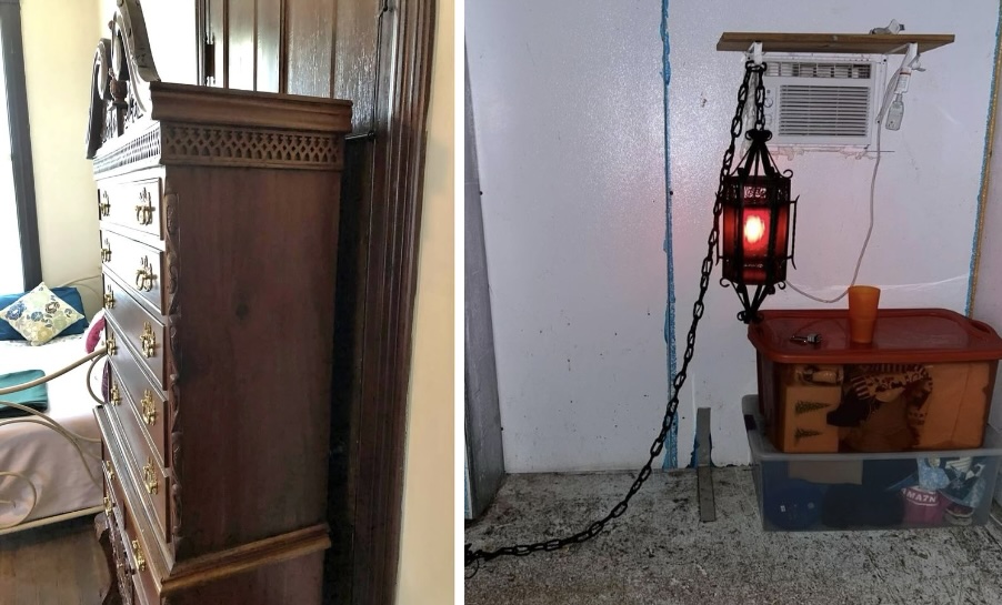 (L) Antique Chip and Dale mahogany High boy dresser$350, Listed in Oxford AL, Beautiful antique mahogany ball and claw foot high boy dresser. This is coming out of an 1880 historical home. Please message for more information; (R) Antique Rod, Iron Light, $75, Listed a year ago in Greeneville TN, Antique rod iron light. Very heavy need some cleaning.