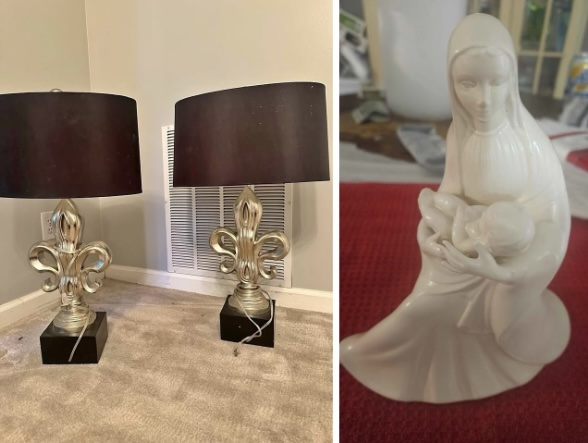 (L) Fleur de lee lamps with shades, $30$40,Listed a week ago in Brookhaven GA, Update: reducing to $30 each/$60 total based on the scuffs in the metallic leafing I’ve found. Posted video to show up close in light. Can be easily fixed and you level never notice. Somewhat looks like intentional destressing. These are a steal now compared to original price. If up, it’s available. Beautiful high end fleur de lee lamps. Updated decor and no longer needed. $40 each includes high quality shades (each shade alone is worth more than $40 so it’s a great deal) lamps we originally in the hundreds; (R) Virginia Mary & Baby Jesus, $20, Listed 2 days ago in Easley SC, Used/like new, Vintage Holland Mold THIS IS AN ABSOLUTELY BEAUTIFUL PIECE. 