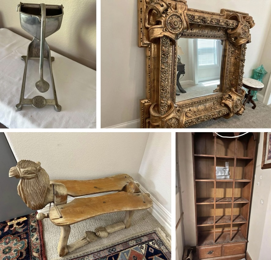 L, Above) Old stuff that looks good, $30, Listed 2 weeks ago in Westminster SC, Juicer a meat grinder knives and old picture and fame; (R, Above) Mirror, $500$970, Listed in Dallas GA, Used/like new, Shape: octagon; Massive luxury mirror, 5 feet x 5 feet. Willing to trade for new power washer, equal value; (L, Below) Antique Turkish Camel Birthing Stool; $299, Date Range: 1900-1909, Decor Style: Old World, This is a rare one of a kind piece. You won’t see many of these with the original seat cushion and bent legs. Carved out of wood, with a bell around her neck. These were used back in the day by mid wives in Turkey and other places to sit at the foot of the bed and birth babies. The cushion is quite soiled, but can be used as a pattern to recover the cushion or make yourself a new one. The stool itself is in very good condition for age. If you like unique conversation pieces, then this is a must have piece for you; (R, Below) Antique, $40, Listed 2 days ago in Piedmont SC, It in good shape to as old as it is 40 obo.