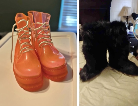 (L) orange translucent vinyl combat boots size 10, $15Listed 9 weeks ago in Liberty SC, Brand: Forever 21, Color: Orange, Boot Style: Combat, Details Used like new size 10 Pair of clear vinyl combat boots featuring an almond toe, lace- up front, lug sole, low block heel, back pull-tab, and slip-on styling; (R) I only have the black pair left the white pair is gone brand new, $40, Listed a week ago in Greer SC, Women's Shoe Size: 10, Color: White, I brought them and they was too small they should be a size 9 or 10.