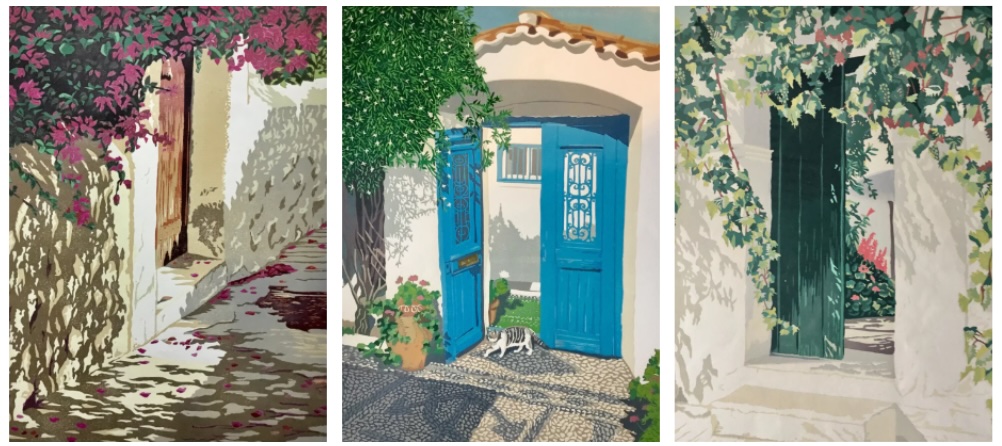 (Left) “Doorway III, Spetses, 1991,” (Center) Doorway & Cat, Spetses, 2000,” (Right) Doorway, Villa Paulina, Spetses, 1995,” Linocuts by Rosalind Forster.
