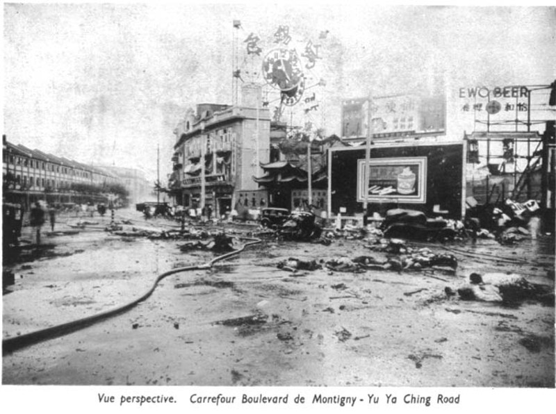 The 14 August 1937 bombing in front of the Great World, Shanghai. (Image Source: Wikimedia Commons.)