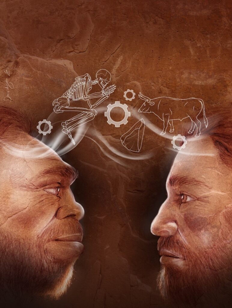 Homo sapiens and the Neanderthal sharing technology and behavior. (Image Credit: Efrat Bakshitz.)
