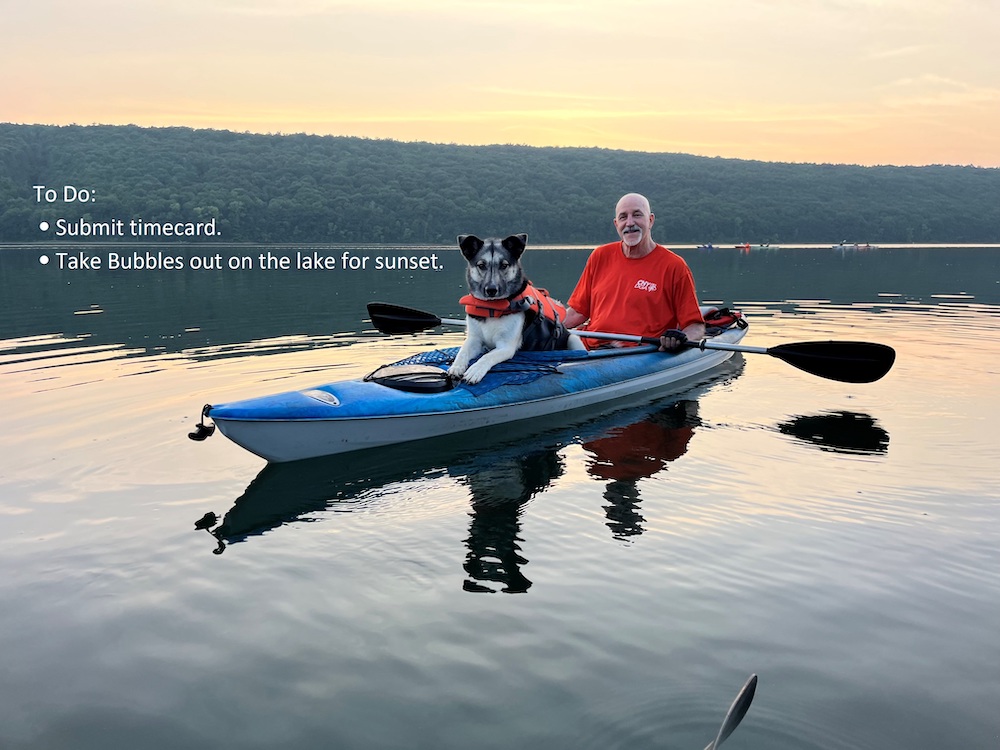 Timecard before kayaking with Bubbles.